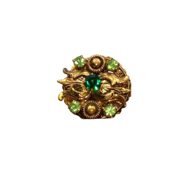 Vintage Ornate Brass Brooch with Emerald and Mint Green Crystals, Elegant Victor - Picture 1 of 3